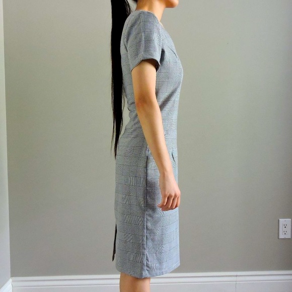 NWOT Cefian Grey Plaid-pattern Business V-Neck Pencil Dress w/ Short Sleeves - Picture 5 of 9